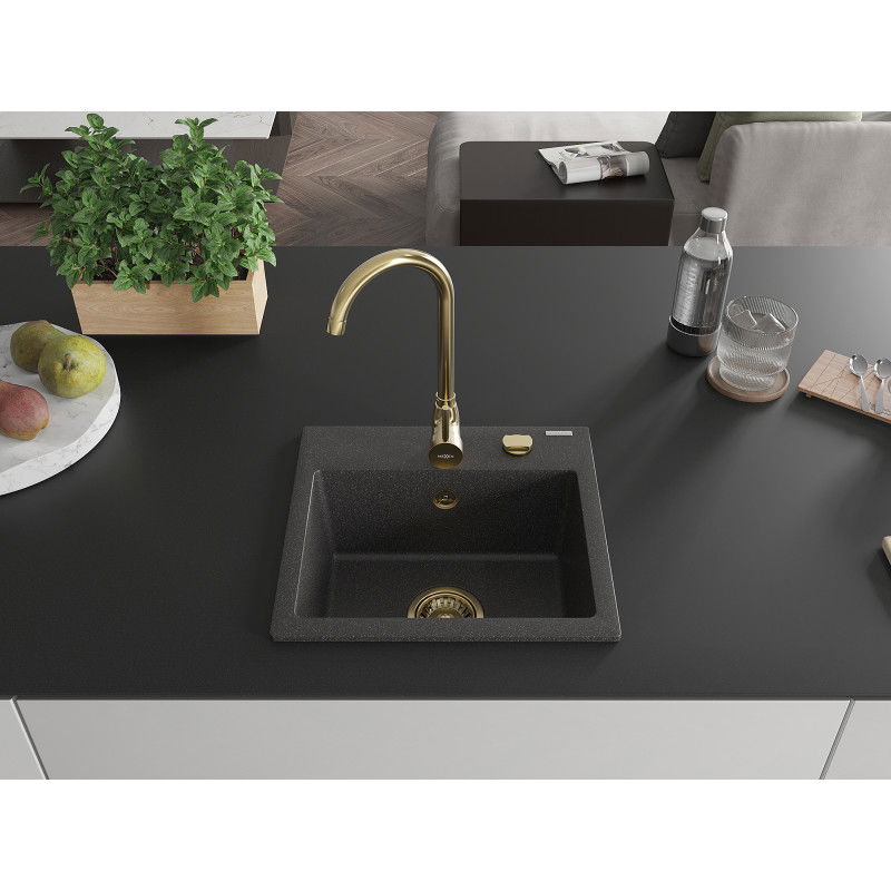 Mexen Milo granite sink 1-bowl with Telma kitchen tap, speckled black - 6505-76-670200-50