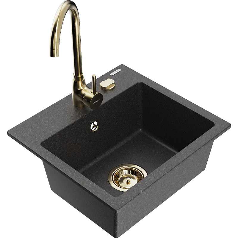 Mexen Milo 1-bowl granite sink with Telma kitchen faucet, speckled black - 6505-76-670200-50
