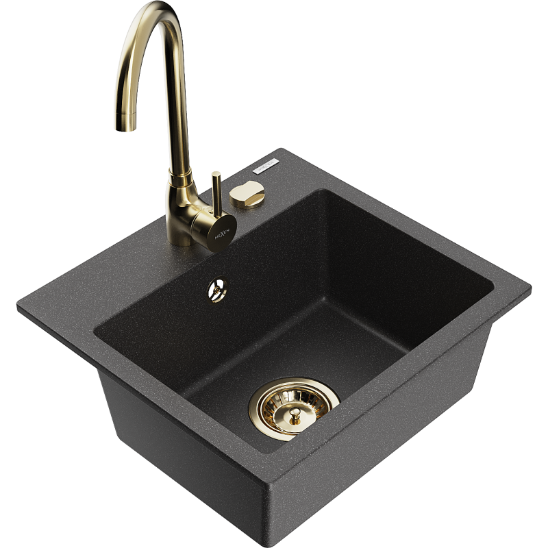 Mexen Milo 1-compartment granite sink with a kitchen mixer tap Telma, spotted black - 6505-76-670200-50