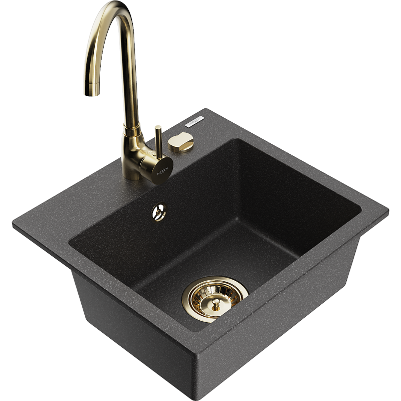 Mexen Milo granite sink 1-bowl with Telma kitchen tap, speckled black - 6505-76-670200-50