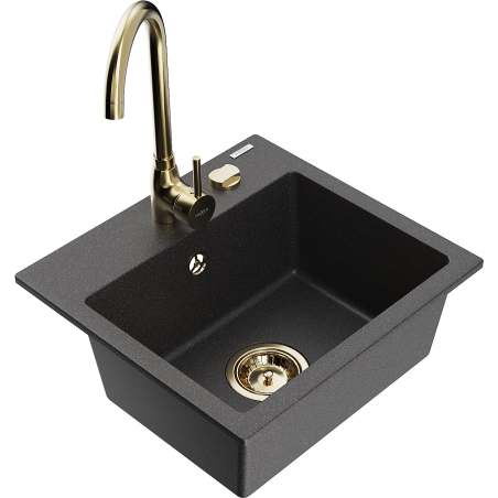 Mexen Milo granite sink 1-bowl with Telma kitchen tap, speckled black - 6505-76-670200-50