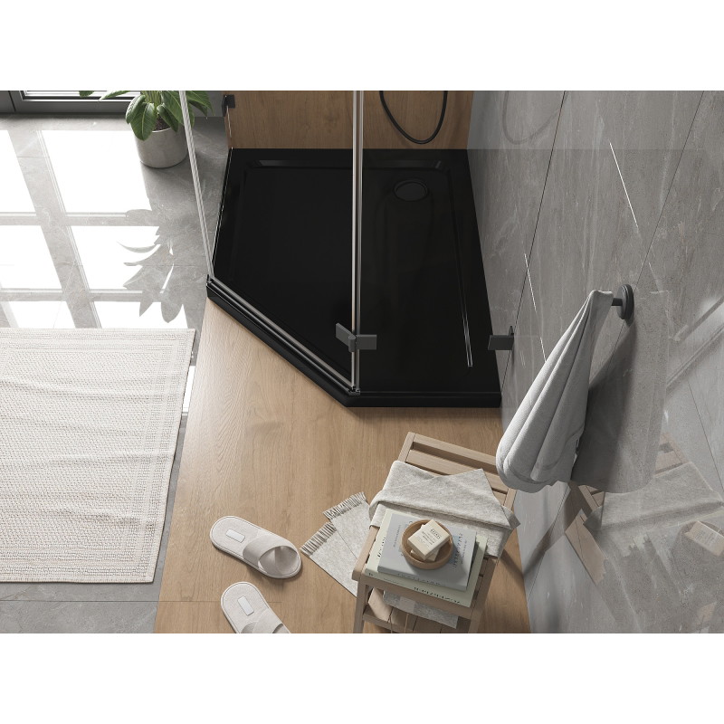 Mexen Flat pentagonal slim left shower tray 90 x 80 cm, black, black siphon - 41P708090L-B