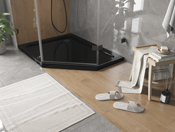 Mexen Flat pentagonal slim left shower tray 90 x 80 cm, black, black siphon - 41P708090L-B