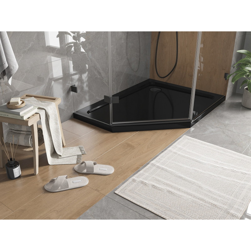Mexen Flat slim pentagonal shower tray right 90 x 80 cm, black, black siphon - 41P708090R-B