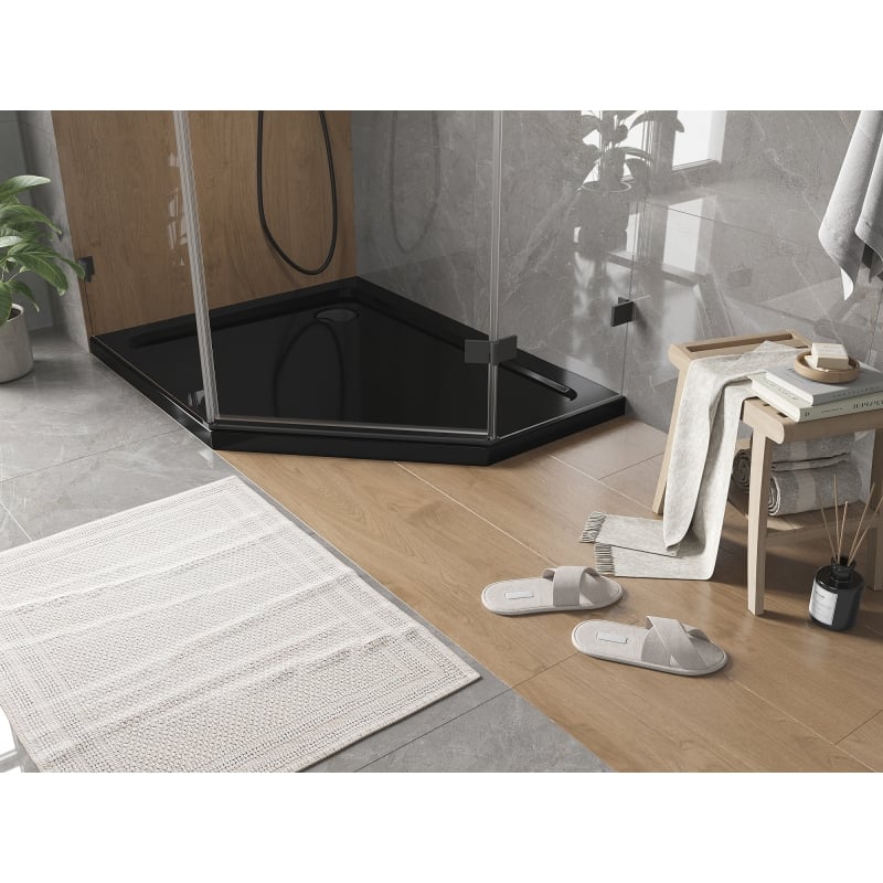 Mexen Flat pentagonal slim shower tray left 100 x 80 cm, black, black siphon - 41P708010L-B