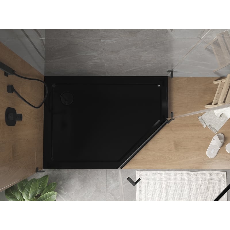 Mexen Flat pentagonal slim shower tray left 100 x 80 cm, black, black siphon - 41P708010L-B