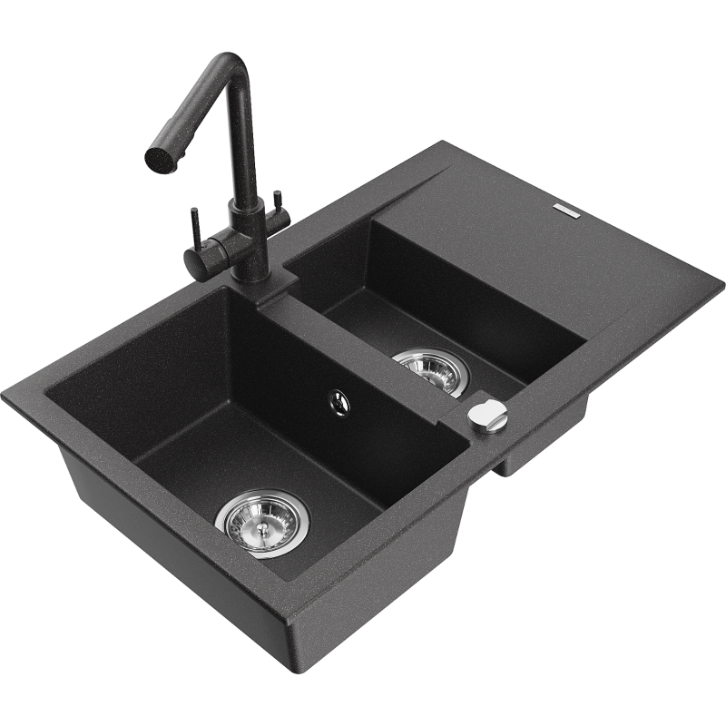 Mexen Gaspar 1.5-compartment granite sink with a drip tray and kitchen mixer tap Duero, spotted black - 6507-76-671600-76