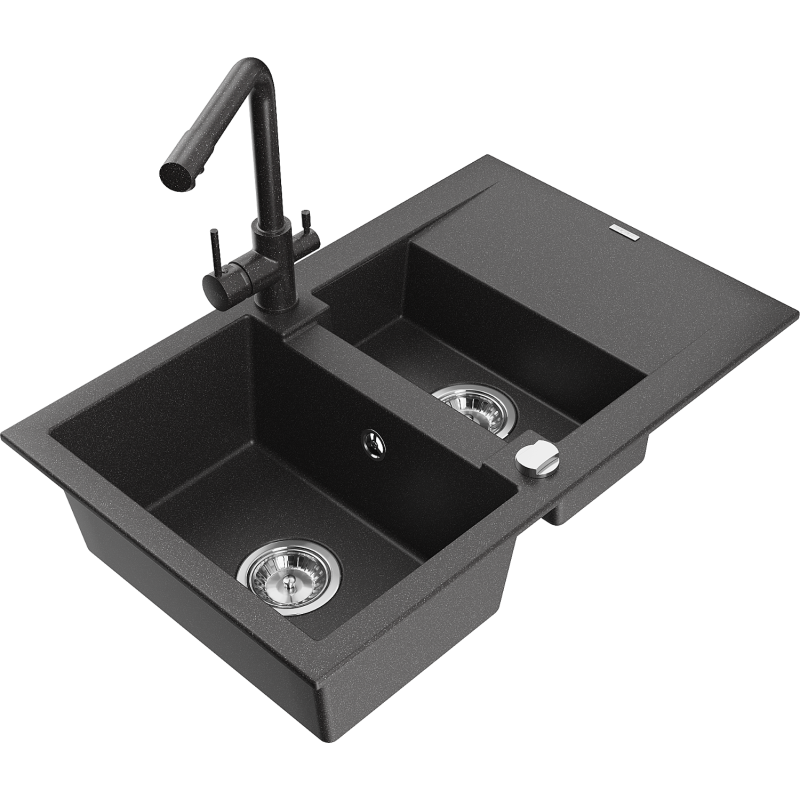 Mexen Gaspar Granite Sink 1.5-Bowl with Drainer and Duero Kitchen Tap, Black Speckled - 6507-76-671600-76