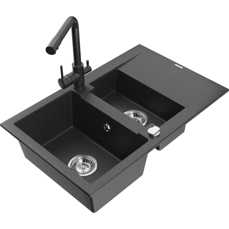 Mexen Gaspar Granite Sink 1.5-Bowl with Drainer and Duero Kitchen Tap, Black Speckled - 6507-76-671600-76