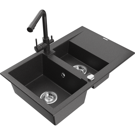 Mexen Gaspar granite sink 1.5-bowl with drainer and kitchen faucet Duero, black speckled - 6507-76-671600-76
