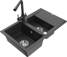 Mexen Gaspar granite sink 1.5-bowl with drainer and kitchen faucet Duero, black speckled - 6507-76-671600-76