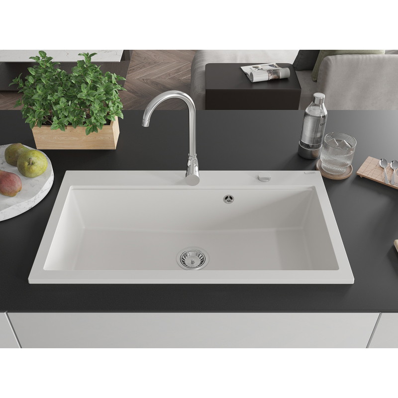 Mexen Slido 1-bowl granite kitchen sink 900 x 500 mm, white, chrome trap - 6528901005-20
