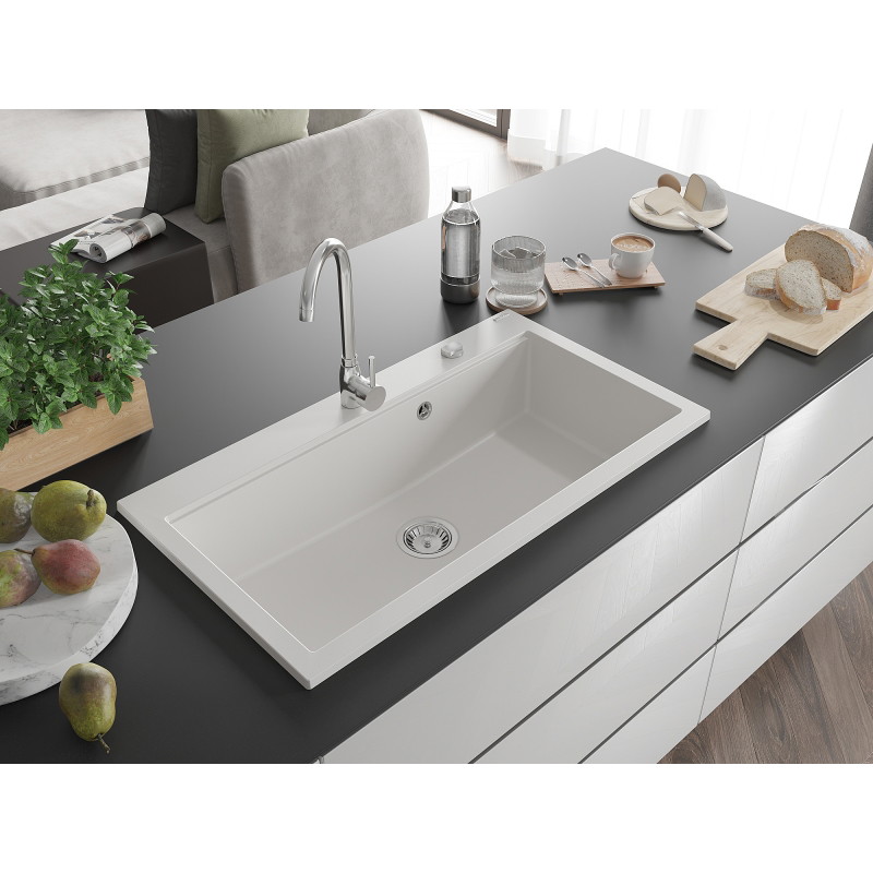Mexen Slido 1-bowl granite kitchen sink 900 x 500 mm, white, chrome trap - 6528901005-20