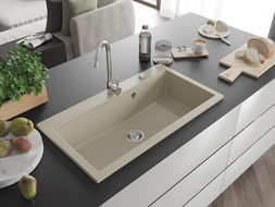 Mexen Slido single-bowl granite kitchen sink 900 x 500 mm, beige, chrome drain trap - 6528901005-69