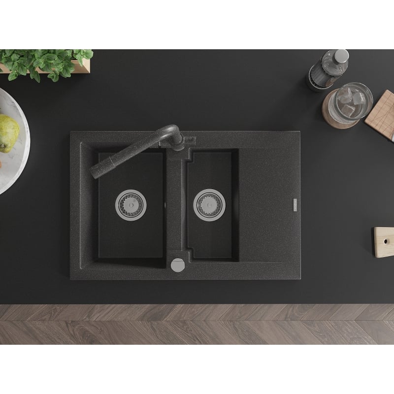 Mexen Gaspar granite sink 1.5-bowl with drainer and Duero kitchen faucet, black speckled - 6507-76-671600-76