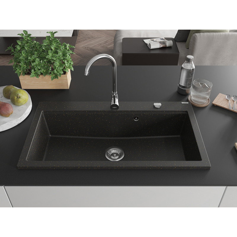 Mexen Slido single-bowl granite sink 900 x 500 mm, black/metallic gold, chrome waste trap - 6528901005-75