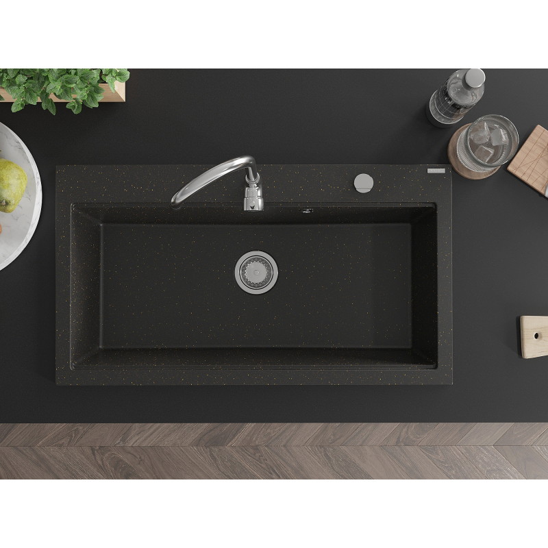 Mexen Slido single-bowl granite sink 900 x 500 mm, black/metallic gold, chrome waste trap - 6528901005-75