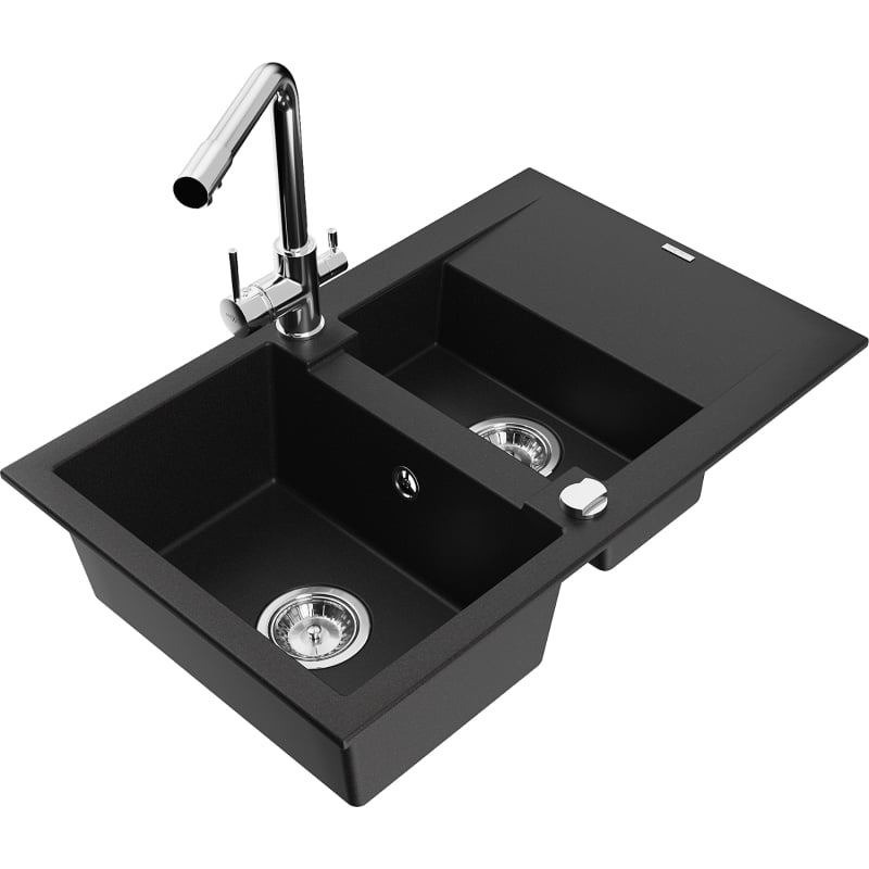 Mexen Gaspar granite sink 1.5-bowl with drainer and Duero kitchen faucet, black - 6507-77-671600-00