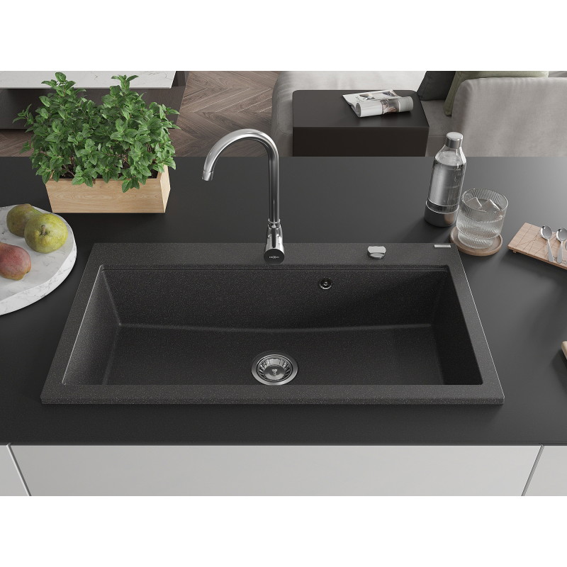 Mexen Slido 1-bowl granite kitchen sink 900 x 500 mm, speckled black, chrome siphon - 6528901005-75 - 6528901005-76