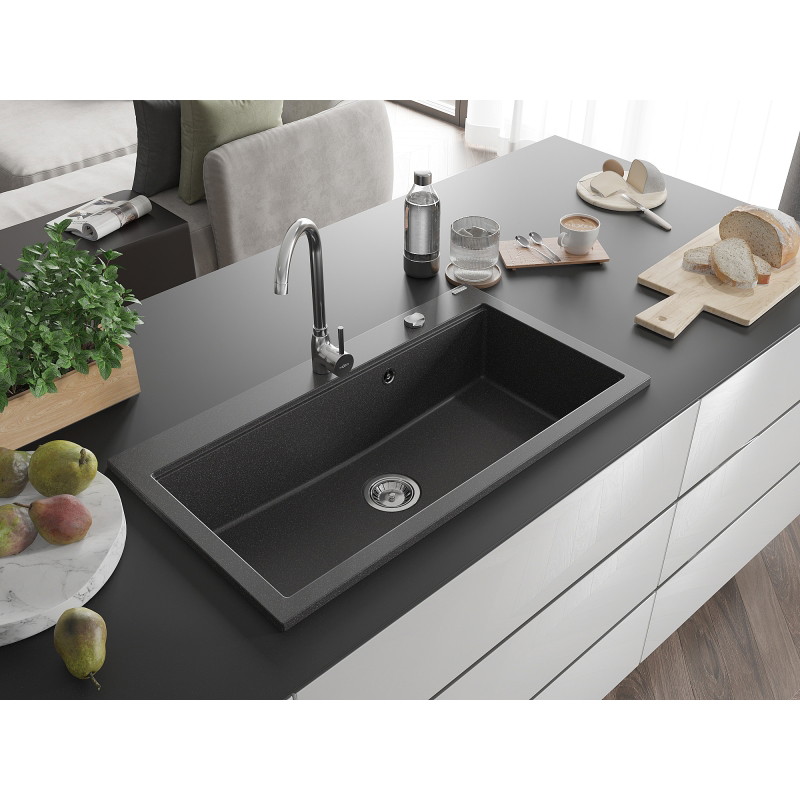 Mexen Slido 1-bowl granite kitchen sink 900 x 500 mm, speckled black, chrome siphon - 6528901005-75 - 6528901005-76