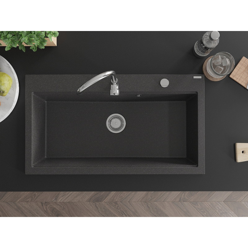 Mexen Slido 1-bowl granite kitchen sink 900 x 500 mm, speckled black, chrome siphon - 6528901005-75 - 6528901005-76