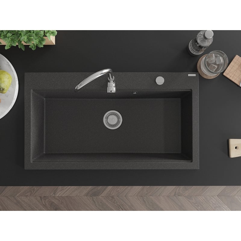 Mexen Slido granite kitchen sink 1-bowl 900 x 500 mm, black spotted, chrome siphon - 6528901005-75 - 6528901005-76