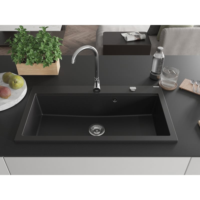 Mexen Slido 1-Bowl Granite Sink 900 x 500 mm, Black, Chrome Siphon - 6528901005-77