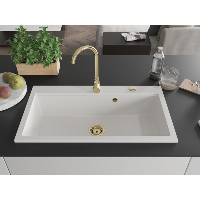 Mexen Slido 1-Bowl Granite Sink 900 x 500 mm, White, Gold Waste Trap - 6528901005-20-G