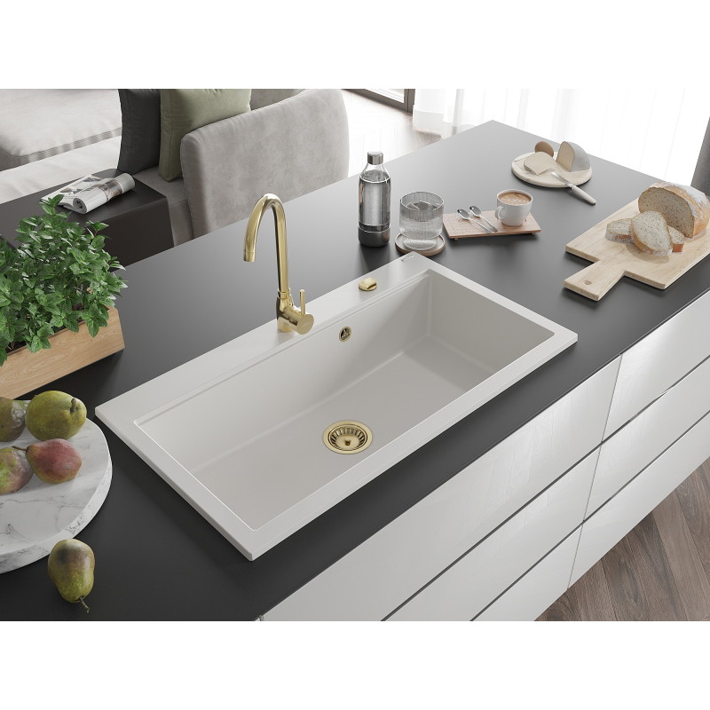 Mexen Slido 1-Bowl Granite Sink 900 x 500 mm, White, Gold Waste Trap - 6528901005-20-G