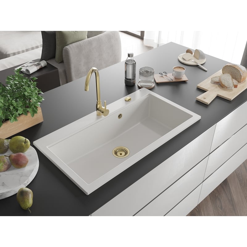 Mexen Slido granite sink 1-bowl 900 x 500 mm, white, gold siphon - 6528901005-20-G