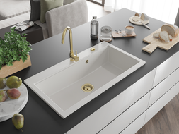 Mexen Slido 1-Bowl Granite Sink 900 x 500 mm, White, Gold Waste Trap - 6528901005-20-G