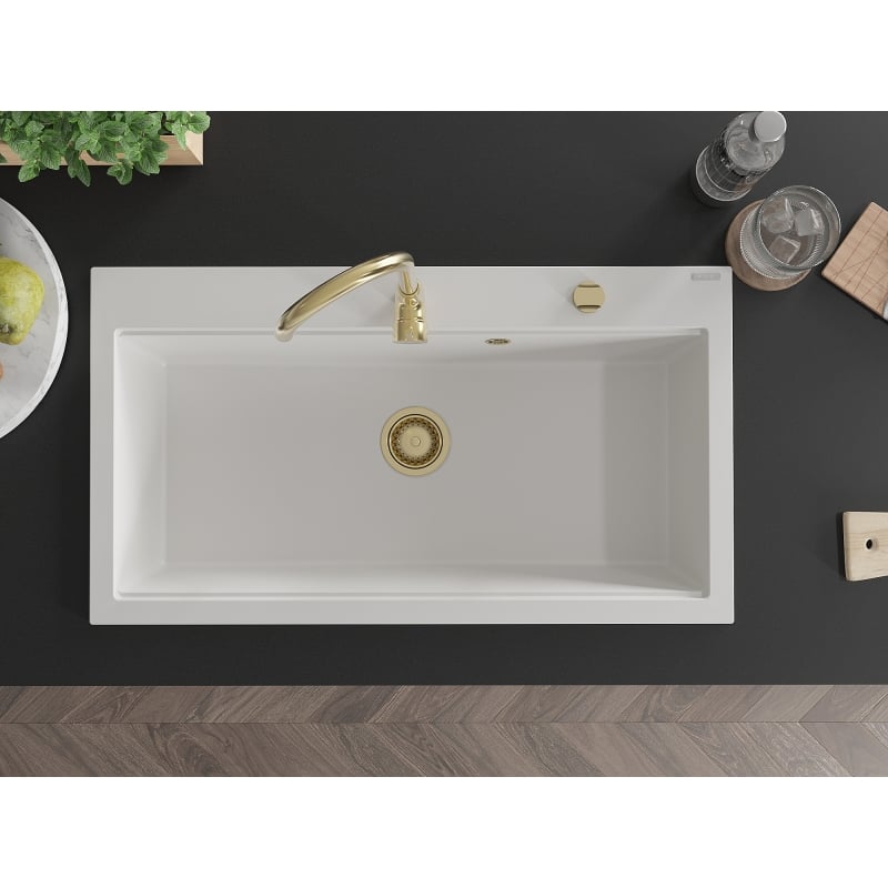 Mexen Slido granite sink 1-bowl 900 x 500 mm, white, gold siphon - 6528901005-20-G