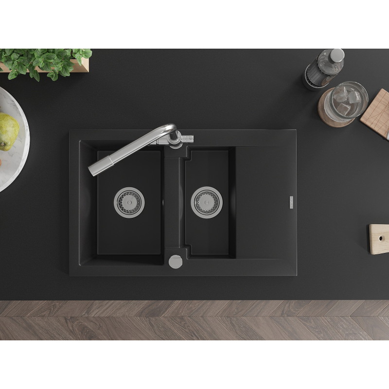 Mexen Gaspar granite sink 1.5-bowl with drainer and Duero kitchen faucet, black - 6507-77-671600-00