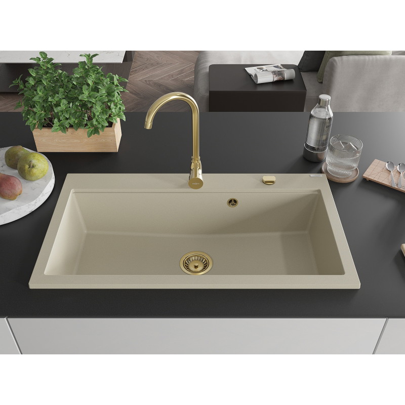 Mexen Slido 1-bowl granite kitchen sink 900 x 500 mm, beige, gold siphon - 6528901005-69-G