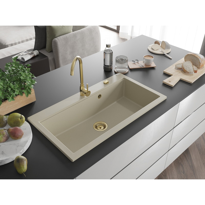Mexen Slido granite single-bowl sink 900 x 500 mm, beige, gold waste trap - 6528901005-69-G