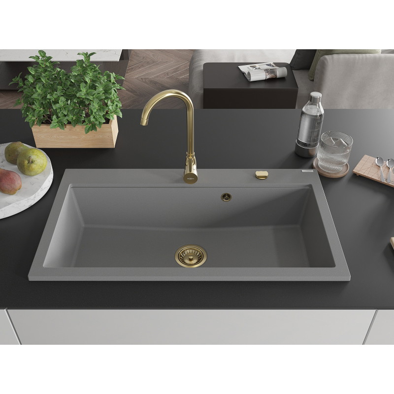 Mexen Slido granite kitchen sink with 1 bowl, 900 x 500 mm, gray, golden siphon - 6528901005-71-G