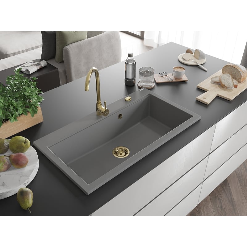Mexen Slido granite kitchen sink with 1 bowl, 900 x 500 mm, gray, golden siphon - 6528901005-71-G