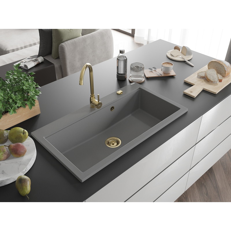 Mexen Slido single-bowl granite sink 900 x 500 mm, gray, gold siphon - 6528901005-71-G