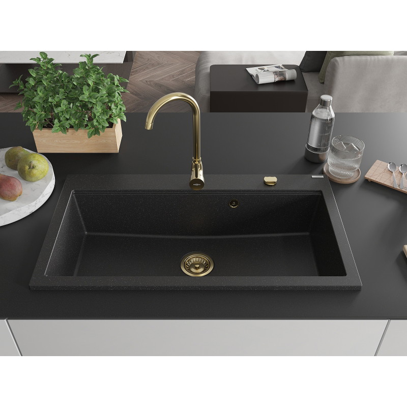 Mexen Slido Granit sink 1-bowl 900 x 500 mm, black/silver metallic, gold siphon - 6528901005-73-G