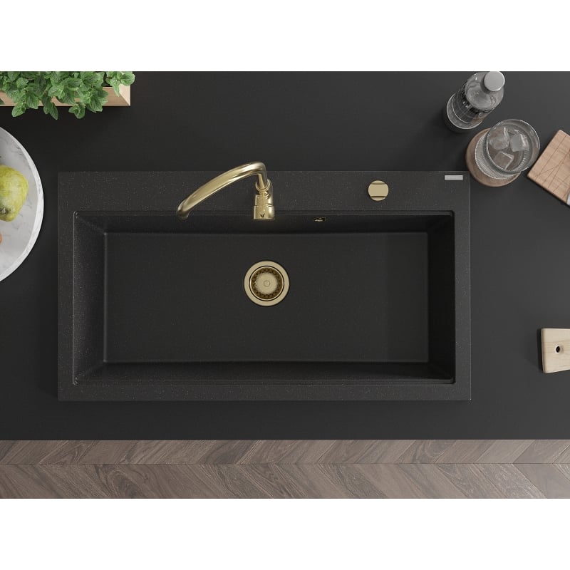 Mexen Slido 1-bowl granite sink 900 x 500 mm, black/metallic silver, gold drain trap - 6528901005-73-G