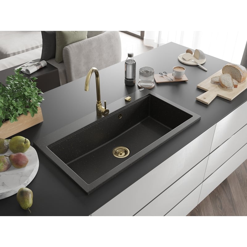 Mexen Slido 1-bowl granite sink 900 x 500 mm, black/gold metallic, gold siphon - 6528901005-75-G