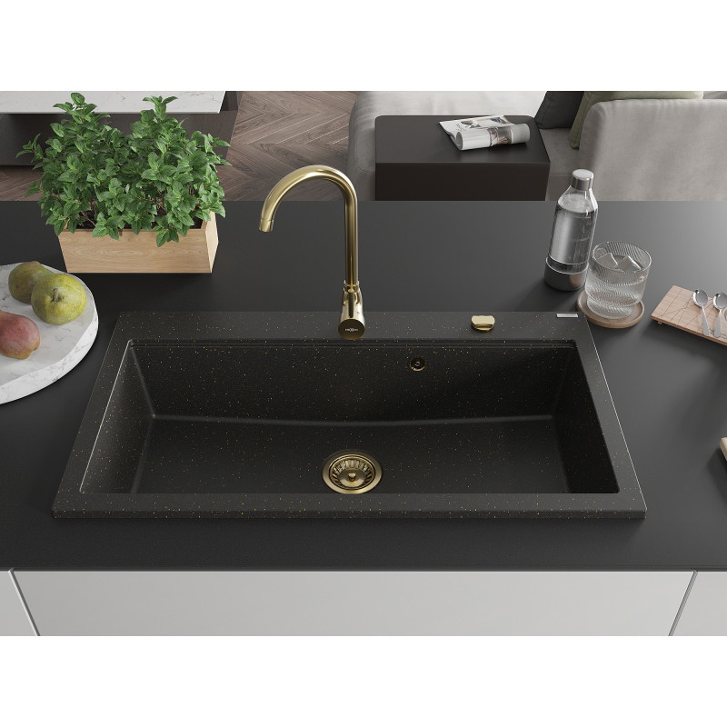 Mexen Slido 1-bowl granite sink 900 x 500 mm, black/gold metallic, gold siphon - 6528901005-75-G