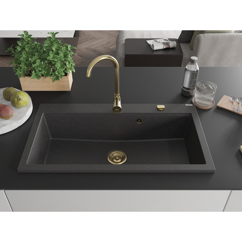 Mexen Slido 1-bowl granite kitchen sink 900 x 500 mm, speckled black, gold waste trap - 6528901005-76-G