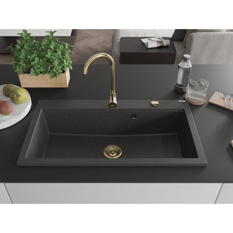 Mexen Slido granite sink 1-bowl 900 x 500 mm, black speckled, gold siphon - 6528901005-76-G