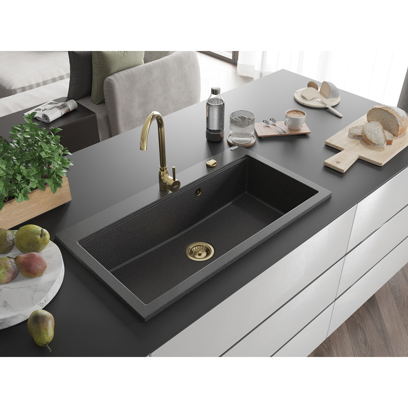 Mexen Slido granite sink 1-bowl 900 x 500 mm, black speckled, gold siphon - 6528901005-76-G