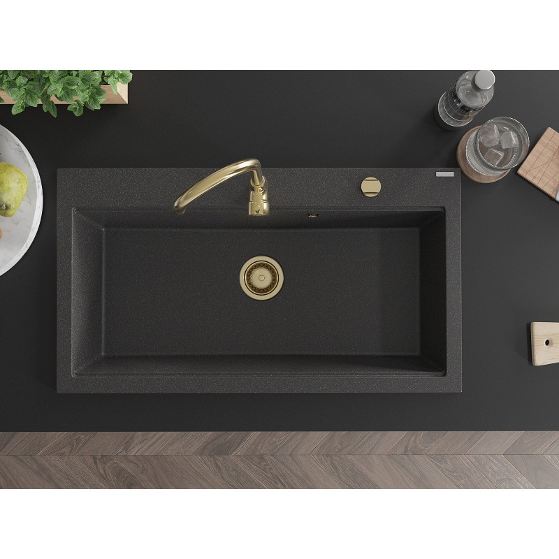 Mexen Slido granite sink 1-bowl 900 x 500 mm, black speckled, gold siphon - 6528901005-76-G