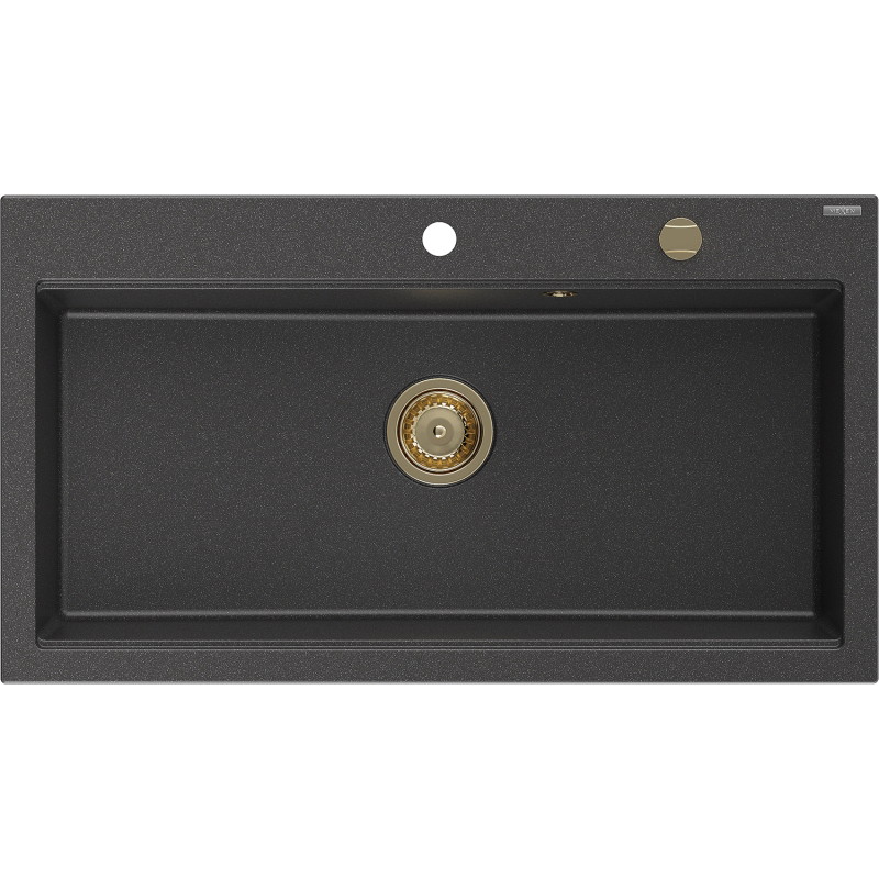 Mexen Slido 1-bowl granite kitchen sink 900 x 500 mm, speckled black, gold waste trap - 6528901005-76-G