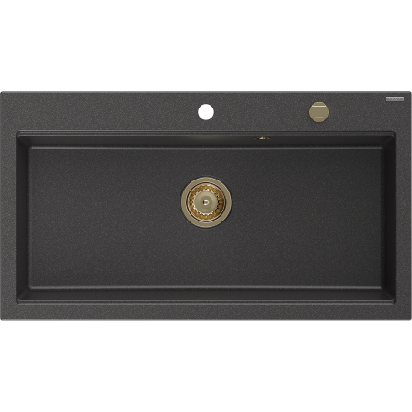 Mexen Slido 1-bowl granite kitchen sink 900 x 500 mm, speckled black, gold waste trap - 6528901005-76-G