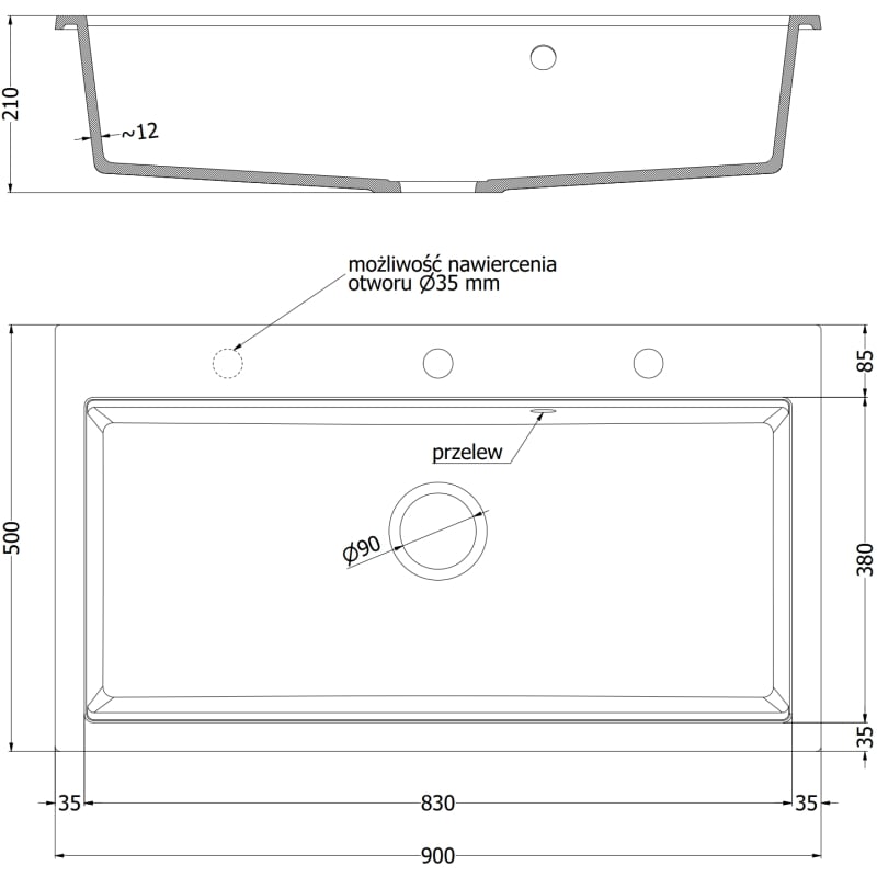 Mexen Slido granite kitchen sink 1-bowl 900 x 500 mm, black, golden siphon - 6528901005-77-G