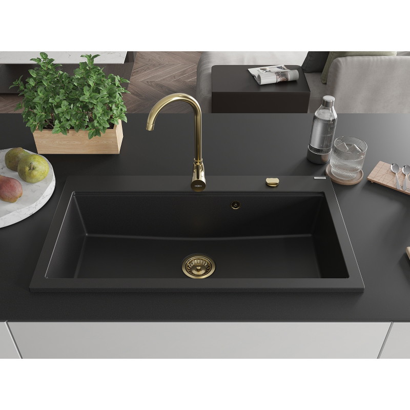 Mexen Slido 1-bowl granite sink 900 x 500 mm, black, gold waste trap - 6528901005-77-G